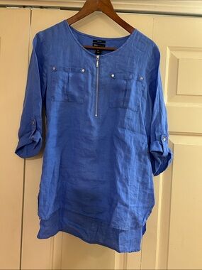 Jones New York Blue Linen Zip-Front Tunic Top